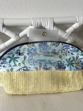 Wandering Moon Coastal Toile Makeup Bag  Chic Woven Travel Pouch New